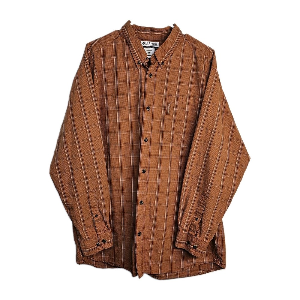 Columbia Men's XL Cotton Burnt Orange Button-Down Collar Plaid Shirt Long Sleeve